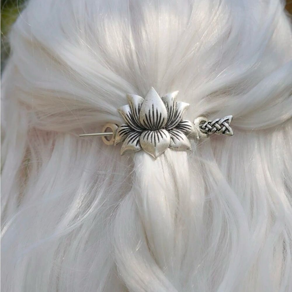 Bohemian Lotus Flower Hair Accessory & hair pin, Silver tone, engraved d… - Picture 2 of 2